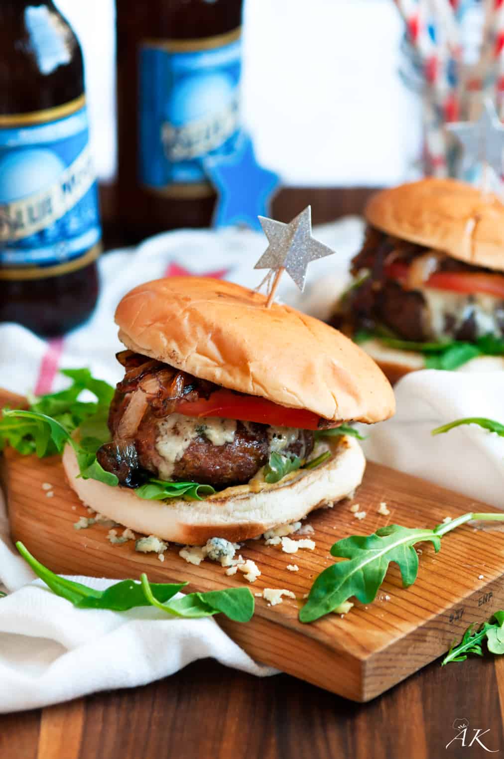 4th of July Blue Cheese Burgers with Blue Moon