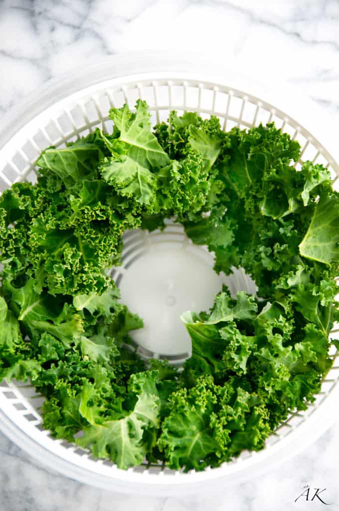 Fresh kale in a salad spinner for baked kale chips