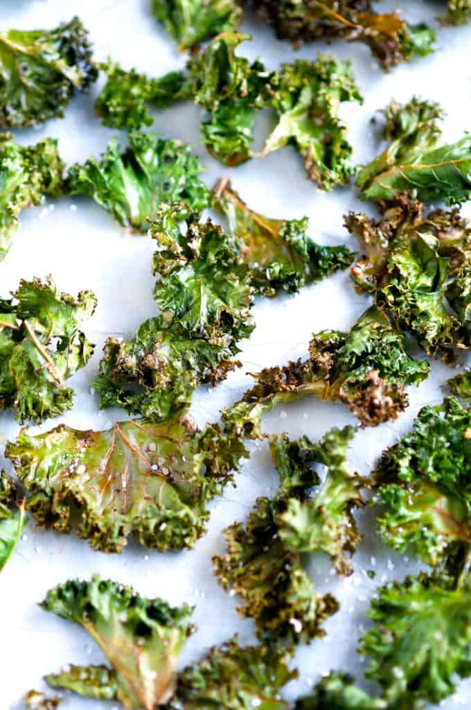 baked kale chips close up on sheet tray