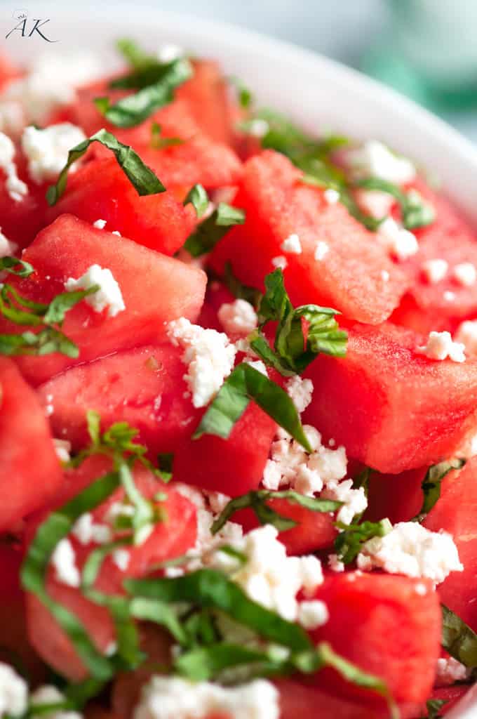 Summertime Basil Watermelon and Goat Cheese Salad close up