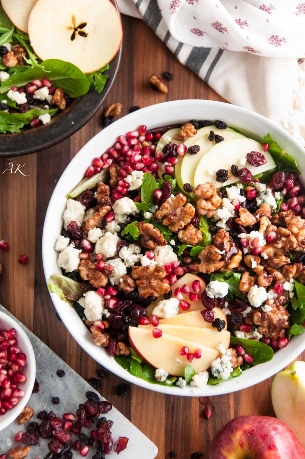 Autumn Apple and Pomegranate Salad with Homemade Candied Walnuts and Bleu Cheese