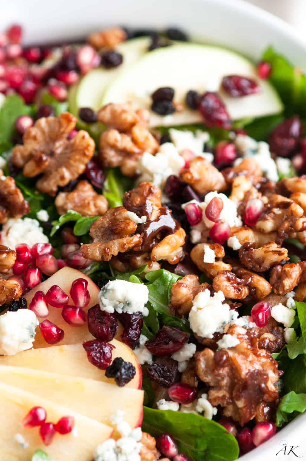 Autumn Pomegranate and Apple Salad with Bleu Cheese and Candied Walnuts
