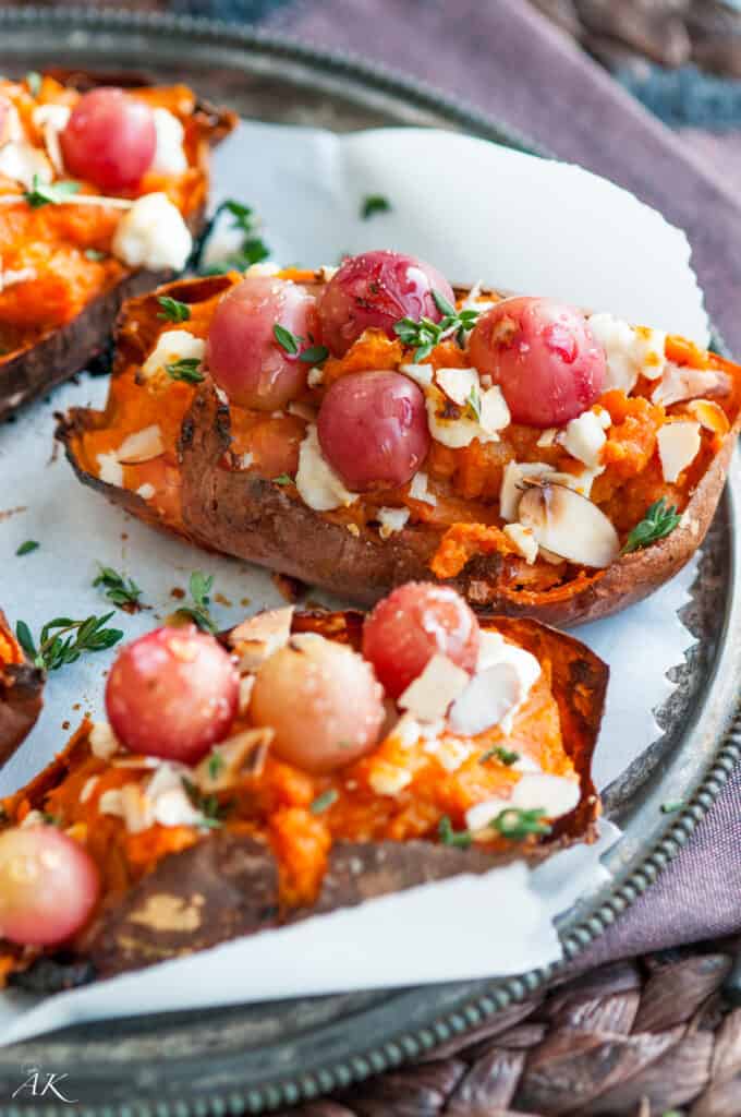 Twice Baked Sweet Potatoes with Grapes Drizzled with Honey