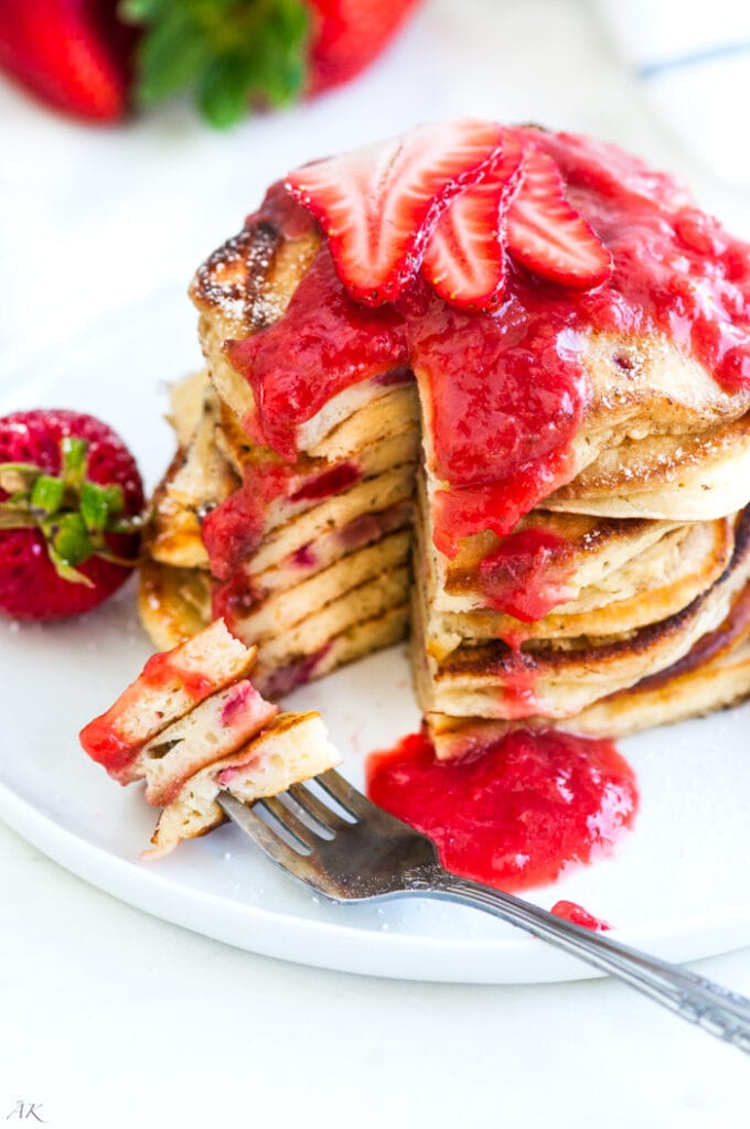 Strawberry Rhubarb Buttermilk Pancakes | aberdeenskitchen.com