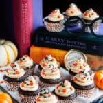 Harry Potter Chocolate Pumpkin Cupcakes with Butterbeer Frosting | aberdeenskitchen.com