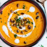 Pumpkin Carrot Fennel Soup in red and black bowl with gold spoons on white marble overhead view