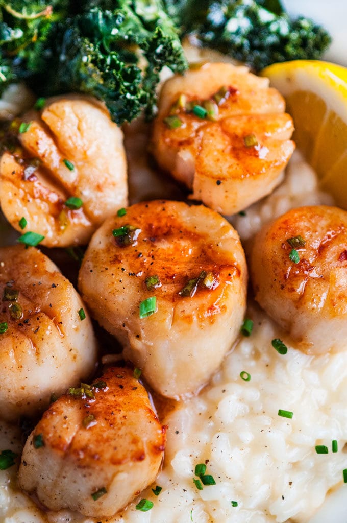 Lemon Chive Butter Seared Scallops with Parmesan Risotto | aberdeenskitchen.com