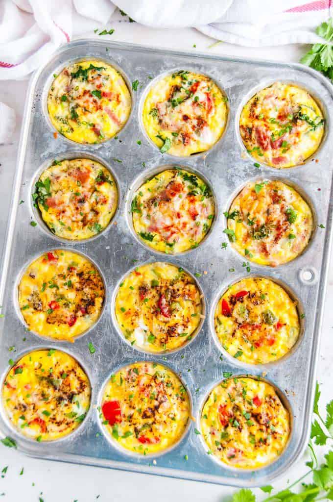 Full over head view of make ahead healthy breakfast egg cups in muffin tray