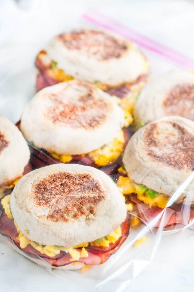 Make Ahead Freezer Breakfast Sandwiches with eggs, ham, avocado in ziploc bag