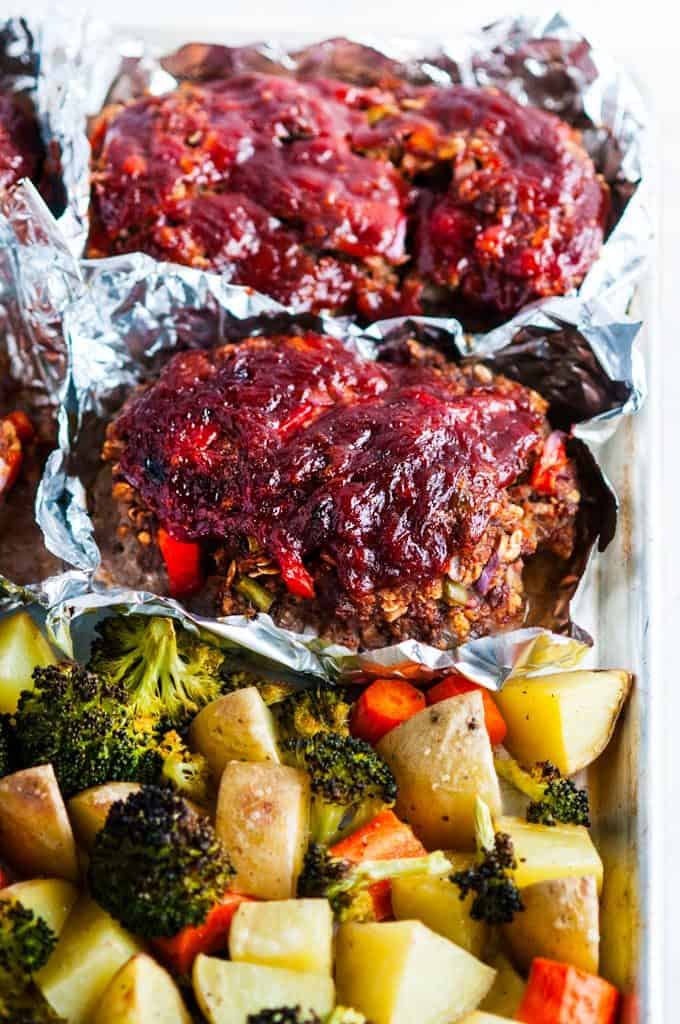 Sheet Pan Meat Loaf and Veggies in foil
