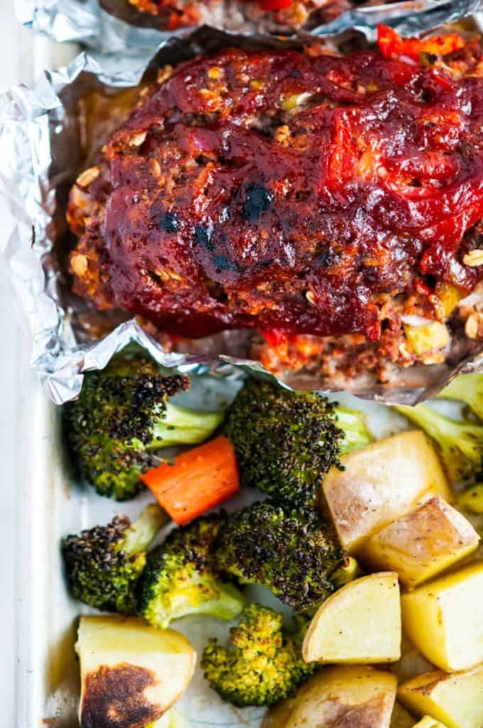 Sheet Pan Meat Loaf and Veggies close up in foil