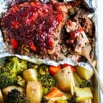 Sheet Pan Meat Loaf and Veggies close up with gold fork