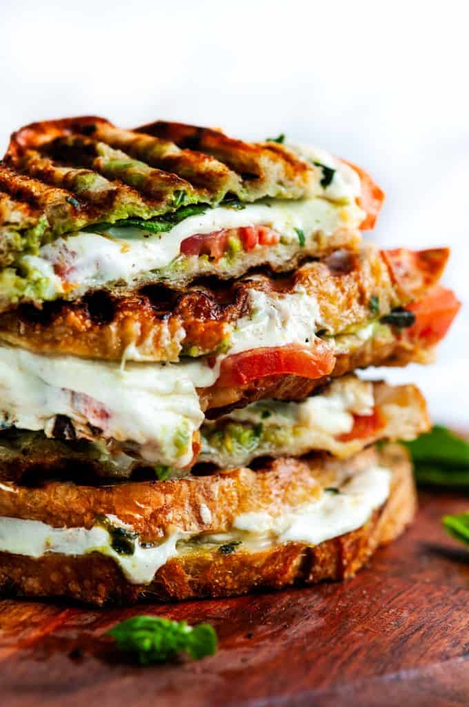 Caprese panini with avocado basil pesto stack