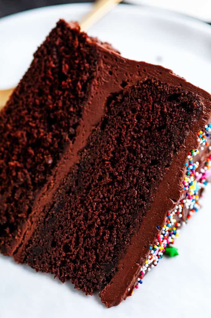 Devil's Food Cake with Chocolate Buttercream Frosting slice close up