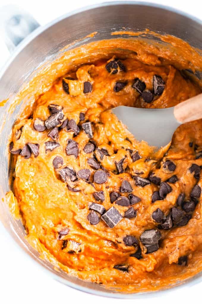 Chocolate Chip Pumpkin Bread dough in silver bowl with gray spoon