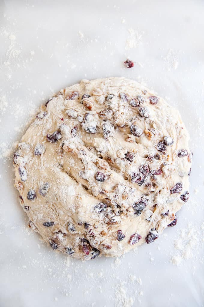 No Knead Cranberry Nut Bread dough on marble