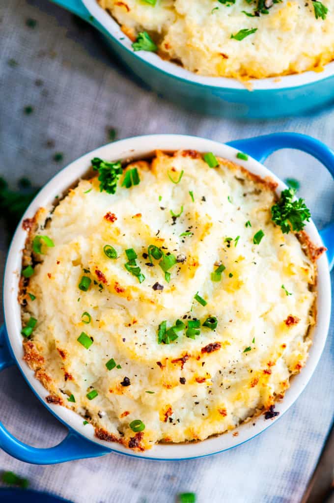 Lightened Up Shepherd’s Pie with Cauliflower Mash in blue le creuset ramekins 
