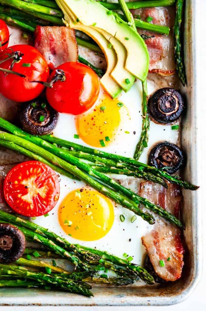 Sheet pan breakfast bake with tomatoes, eggs, asparagus, mushrooms, bacon and avocado