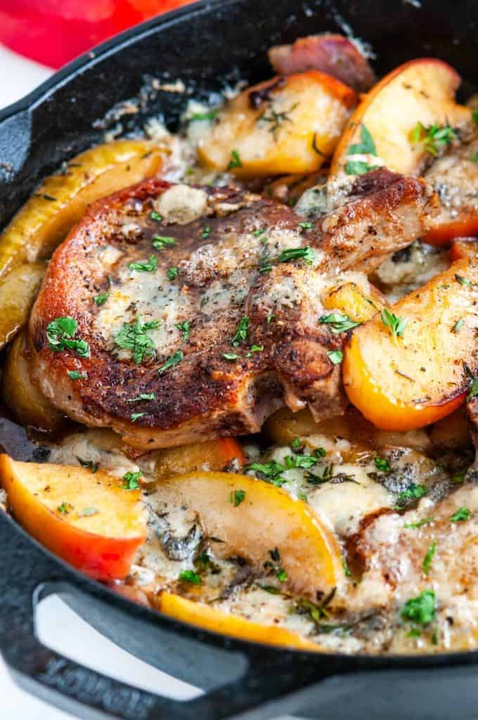 Skillet Blue Cheese Pork Chops with Apples and Pears in lodge cast iron