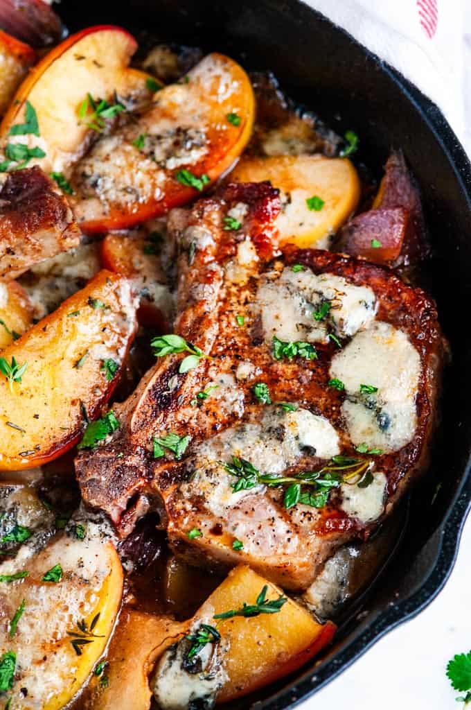 Skillet Blue Cheese Pork Chops with Apples and Pears - Aberdeen's Kitchen