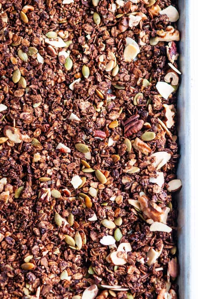 Chocolate Ancient Grains Nut Granola on sheet pan