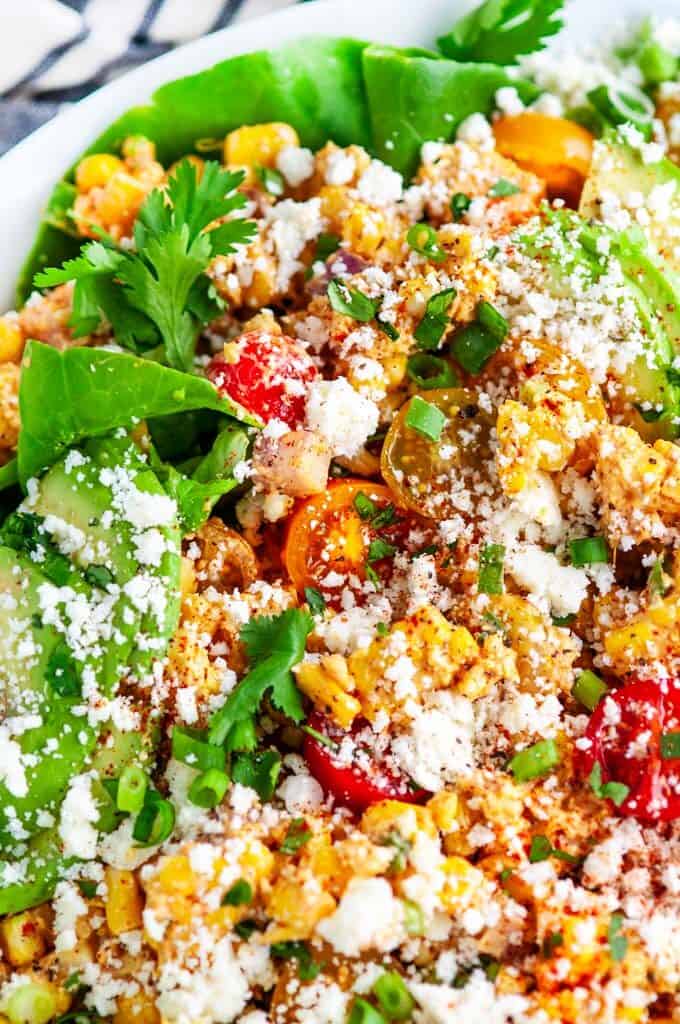 Mexican Street Corn Salad in white bowl