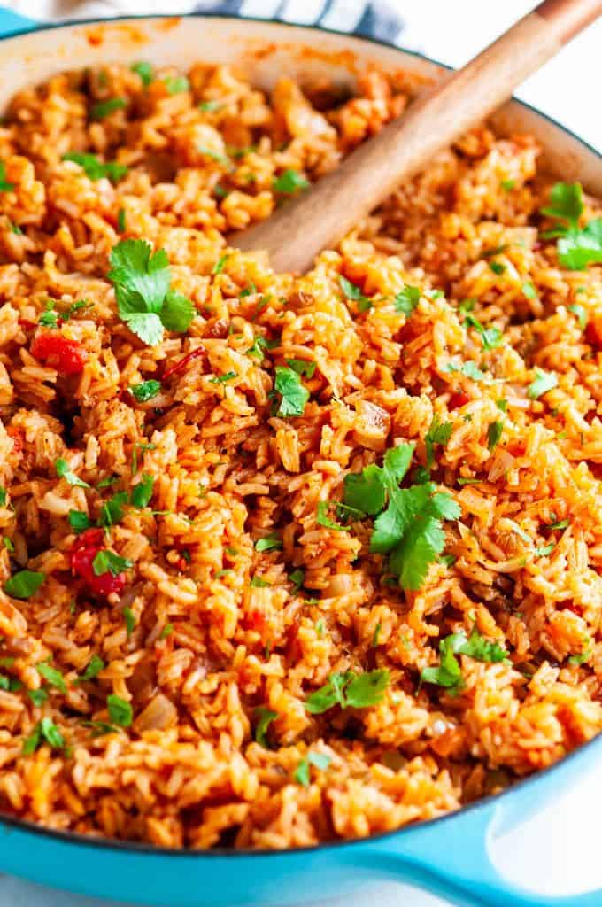 Easy Classic Spanish Rice in blue le creuset broiler