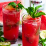 Fresh Watermelon Mojito with mint and lime on white marble