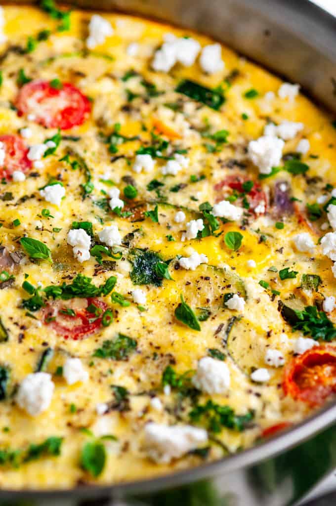 Greek Vegetable Frittata in all-clad skillet close up