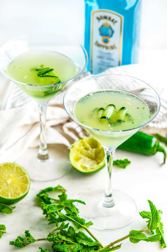 Jalapeño Cucumber Martini with bombay sapphire gin, tea towel on white marble
