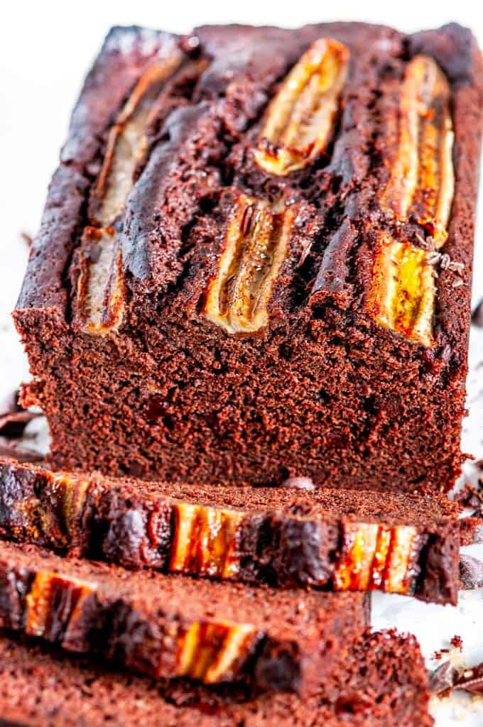 Double Chocolate Banana Bread loaf close up with chocolate chunks