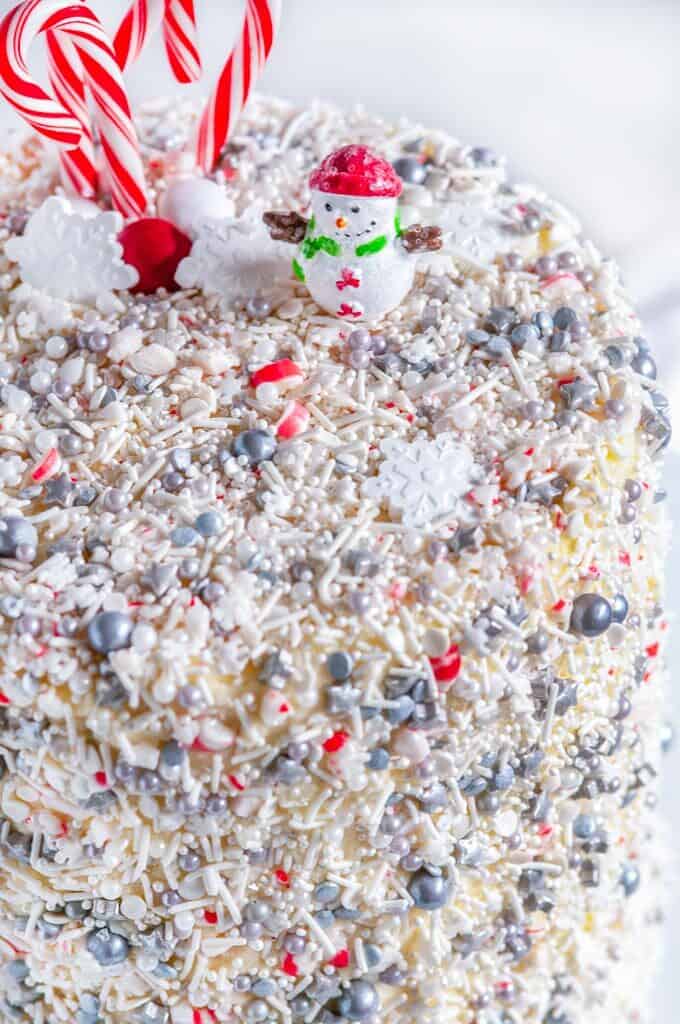 Christmas Explosion Cake with Peppermint Buttercream Frosting close up