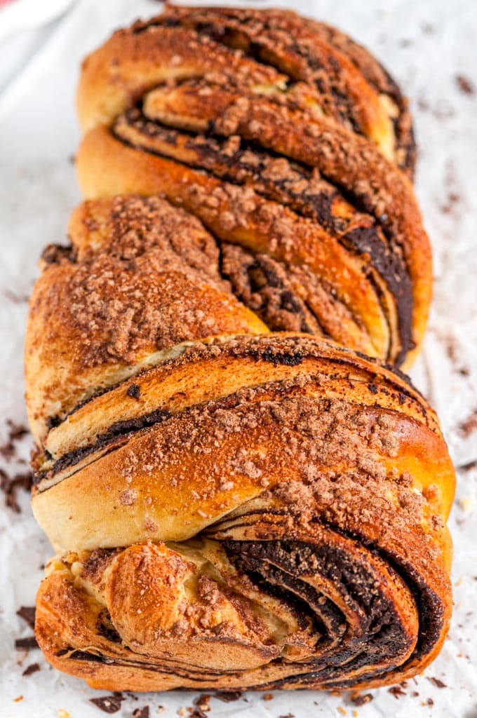 Cinnamon Chocolate Babka (Braided Bread) baked close up