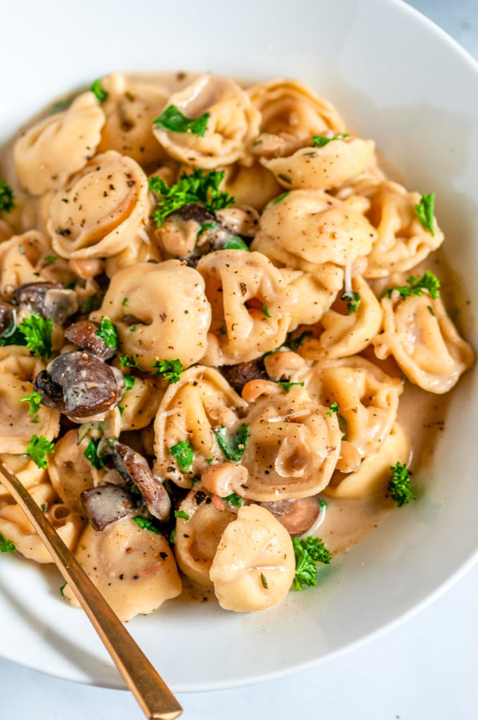 One Pot Creamy White Bean Tortellini with mushrooms and gold spoon in white bowl close up