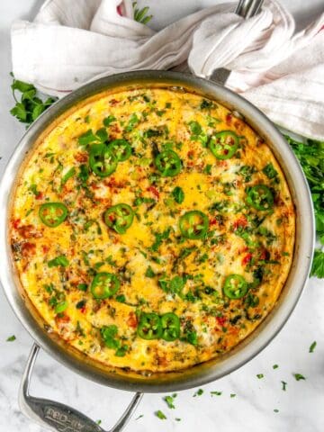 Chorizo Vegetable Frittata in all clad skillet over head