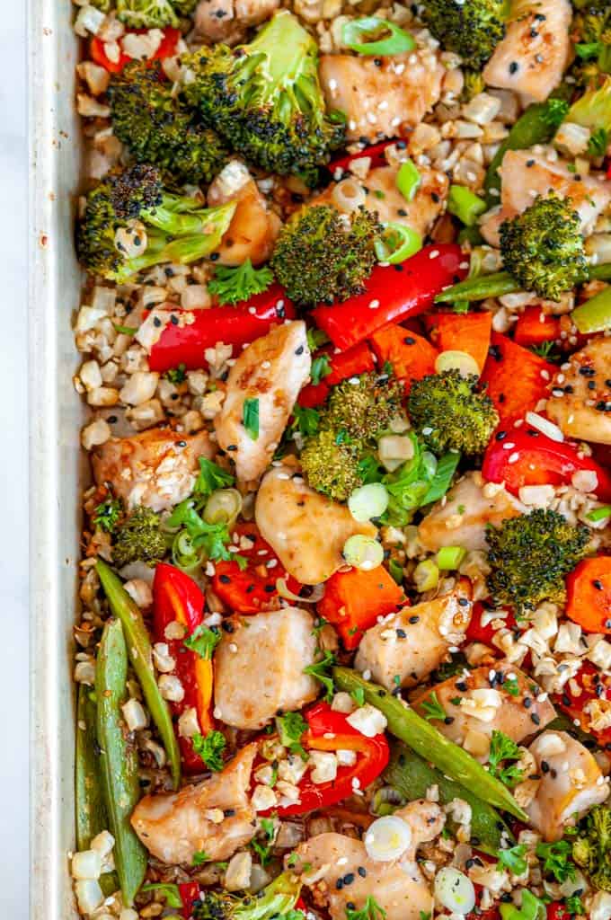 Sheet Pan Sesame Chicken with Veggies over head close up view