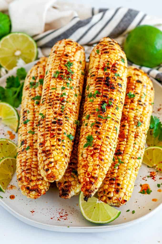 Grilled Chili Lime Honey Butter Corn on the Cob over head view