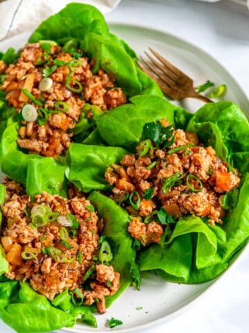 PF Chang's Chicken Lettuce Wraps (Copycat Recipe) on gray plate with gold fork close up