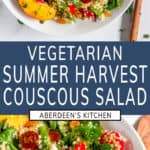 Summer Harvest Couscous Salad two images with blue rectangle and white text overlay