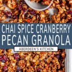 Chai Spice Cranberry Pecan Granola with blue rectangle and white text overlay