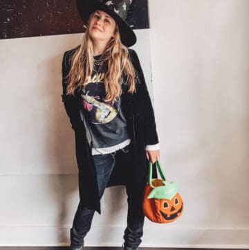 Halloween Birthday Vacay 2020 Outfit with Witch Hat and Pumpkin