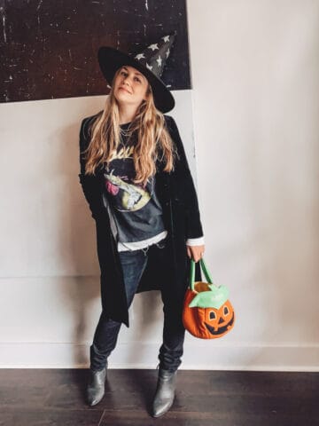 Halloween Birthday Vacay 2020 Outfit with Witch Hat and Pumpkin