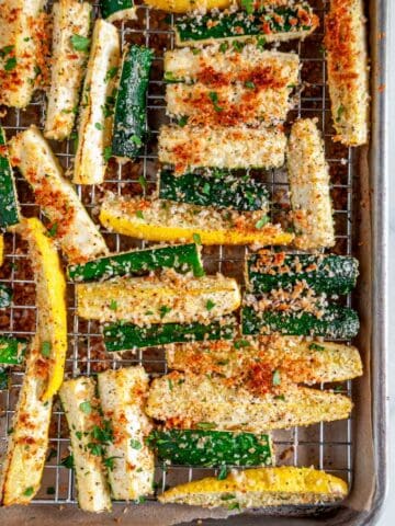 Panko Crusted Baked Zucchini Fries on sheet pan with wire rack