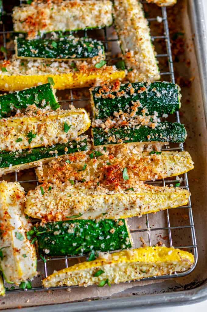 Panko Crusted Baked Zucchini Fries on sheet pan with wire rack 