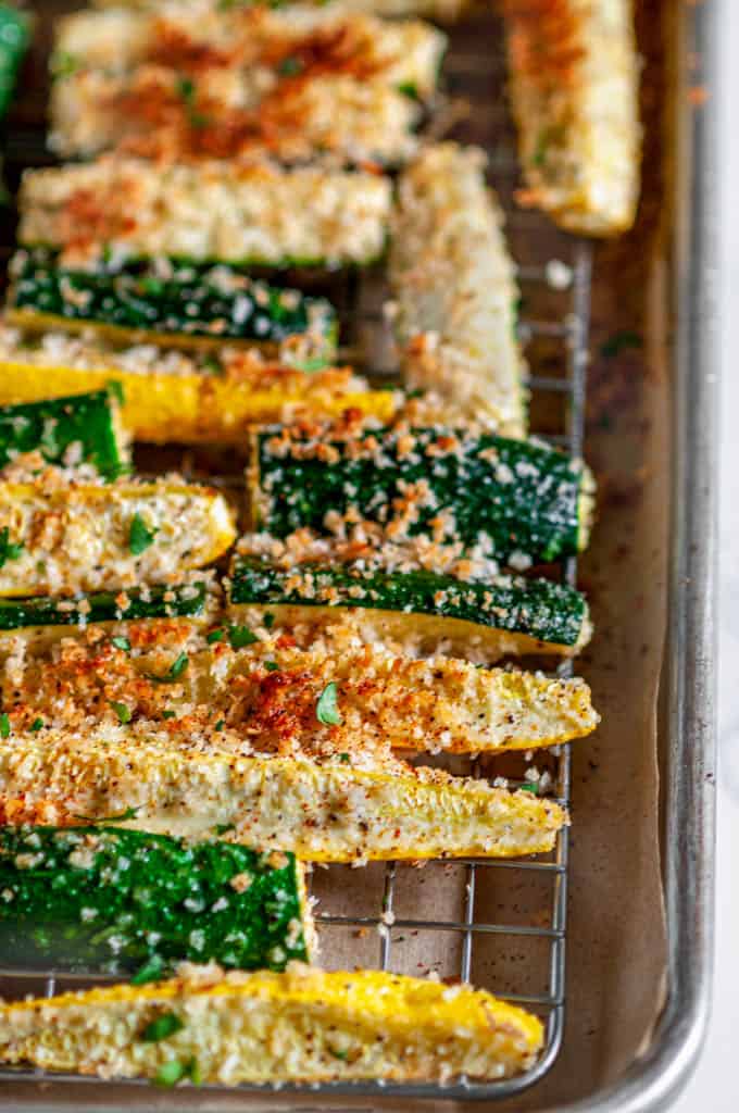 Panko Crusted Baked Zucchini Fries on sheet pan with wire rack