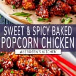 Sweet and Spicy Baked Popcorn Chicken two images with purple rectangle and white text overlay