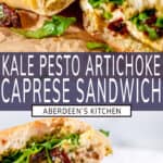 Kale Pesto Artichoke Caprese Sandwich long pin two images with purple rectangle and white text overlay