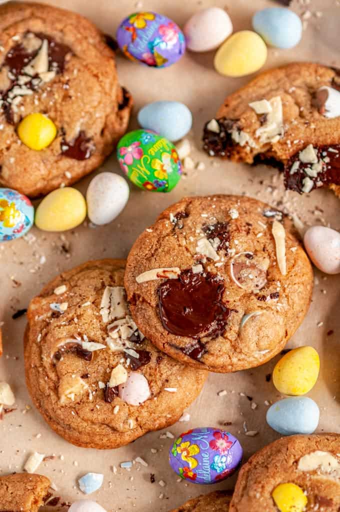 Easter Mini Egg Cookies on brown parchment