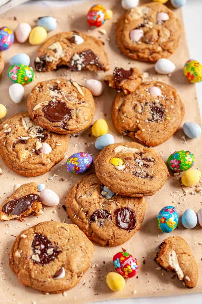 Easter Mini Egg Cookies on brown parchment and white marble