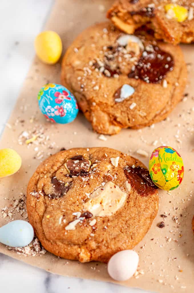 Easter Mini Egg Cookies on brown parchment and white marble